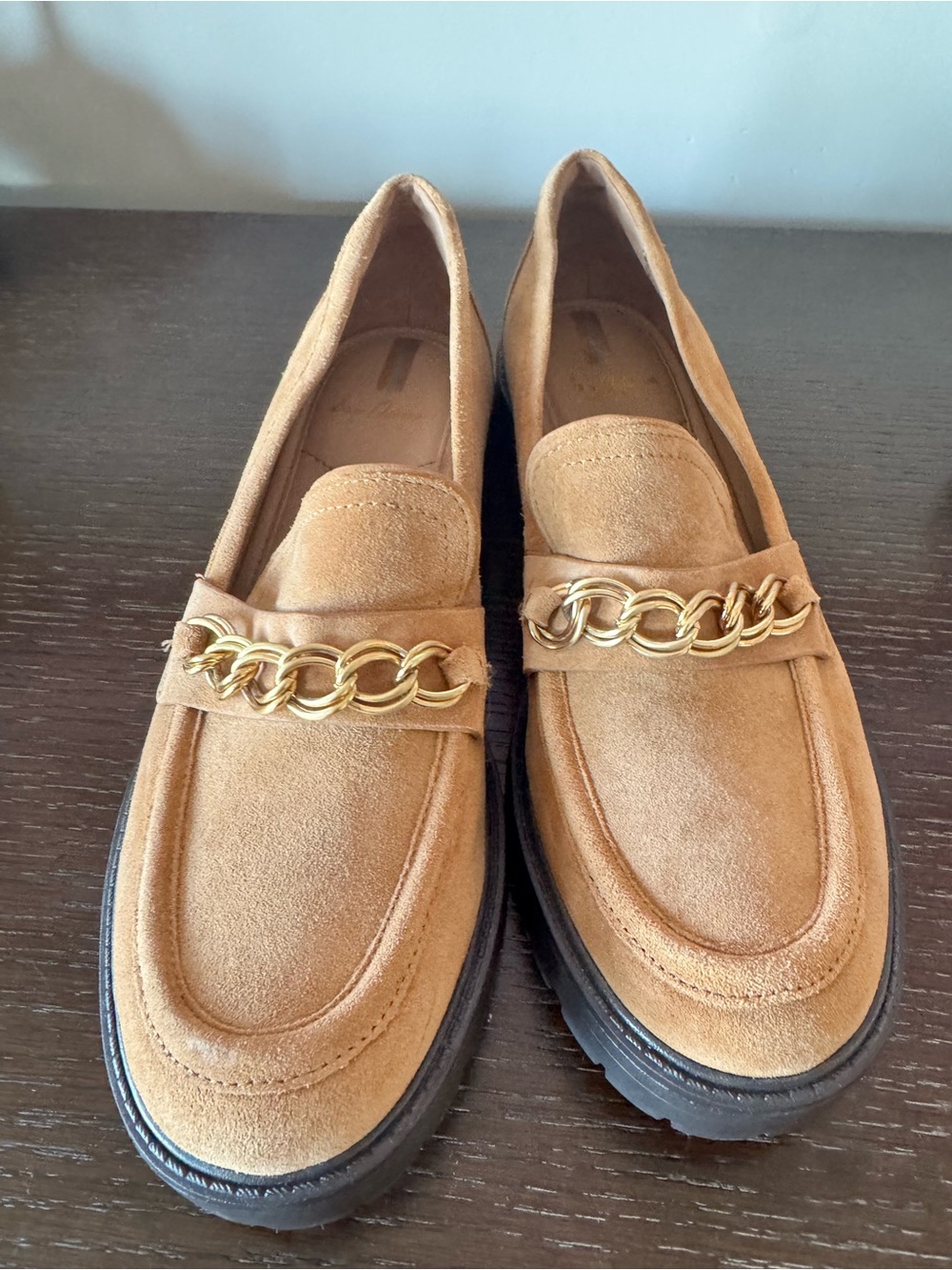 Sam Edelman Chestnut Suede Loafers with Gold Chain